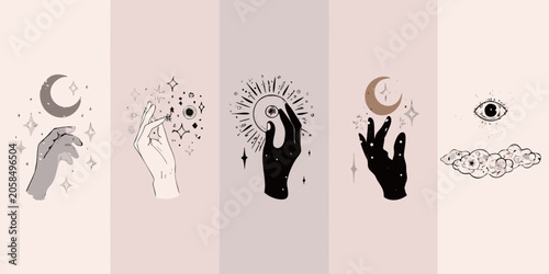 Foto Hands With Celestial Elements Vector Illustration Series In Pastel Tones