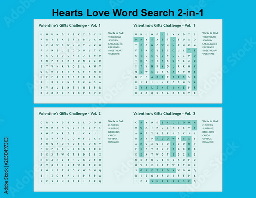 Hearts Love Word Search Puzzle 2-in-1 on Blue Background  
