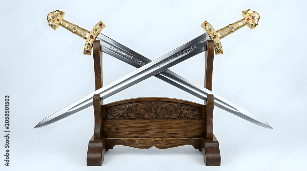 Naklejka premium Two ornate decorative swords displayed on a wooden stand against a neutral background with medieval