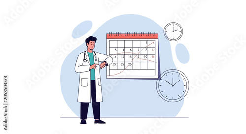 Doctor checking smartwatch next to calendar and clocks, concept of medical scheduling, time management, and healthcare planning