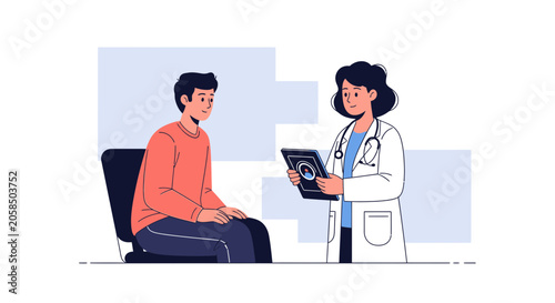Doctor consulting patient, holding medical record, flat vector illustration, healthcare concept