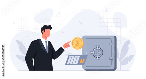 Businessman depositing coin into safe deposit box with keypad, symbolizing financial security and investment