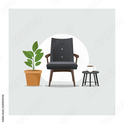 Minimalist Armchair with Potted Plant and Side Table