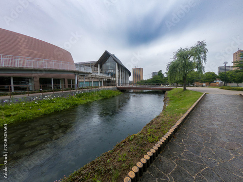 Clear Natural Spring Water Stream and Riverside Promenade in June, Saijo City, Ehime, Japan