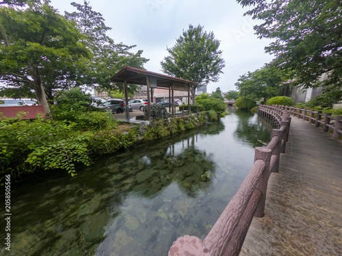 Clear Natural Spring Water Stream and Riverside Promenade in June, Saijo City, Ehime, Japan