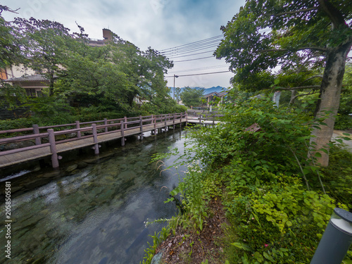 Clear Natural Spring Water Stream and Riverside Promenade in June, Saijo City, Ehime, Japan