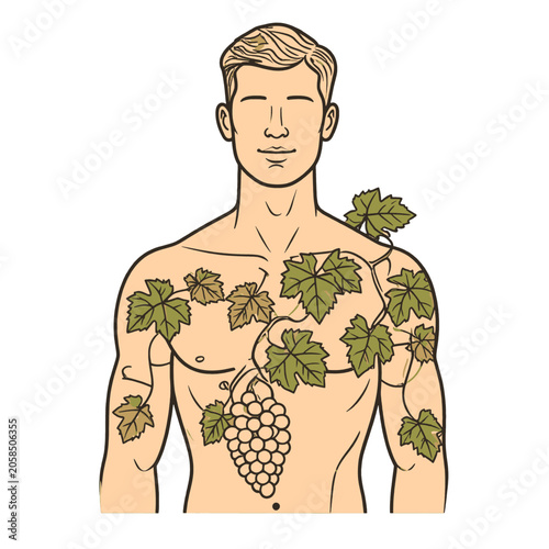 Obraz na plátně A stylized male torso entwined with grapevines and fruit