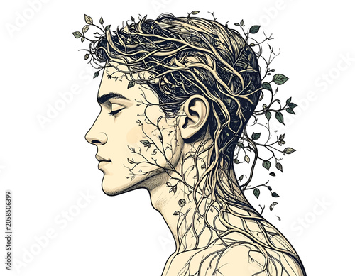 Vászonkép A person profile with natural growth entwined with their features