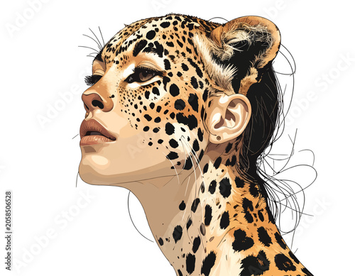 Cuadro en lienzo A stylized portrait of a woman with feline features and spotted fur