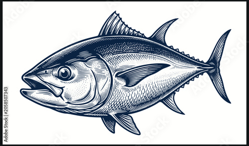Konstfotografi Detailed tuna fish illustration with scales fins and streamlined body in scienti