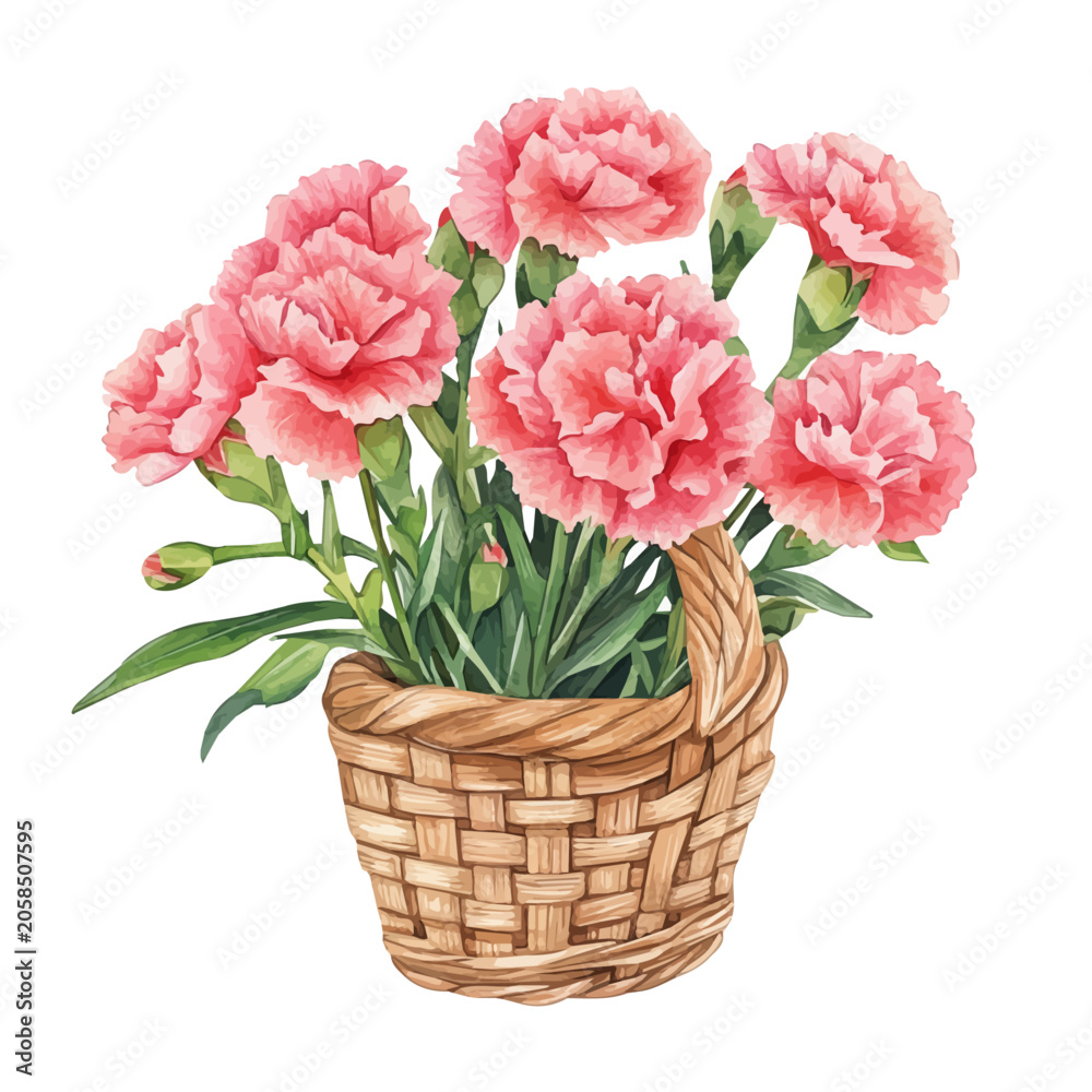 Obraz premium Hand-drawn watercolor artwork of Carnation Flower Basket, vector, isolated on a white background.