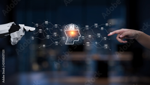 Photography A captivating visual representation of collaboration between human and robotic elements centered on artificial intelligence, showcasing a brain connected digitally in a modern environment
