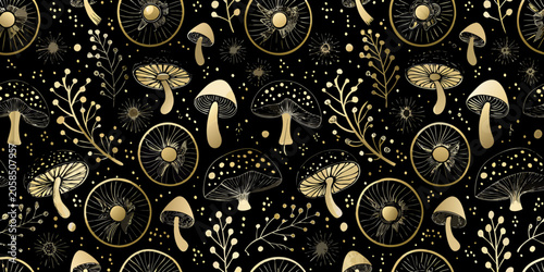 Canvastavla Mushroom Pattern A Detailed Vector Illustration With Golden Accents