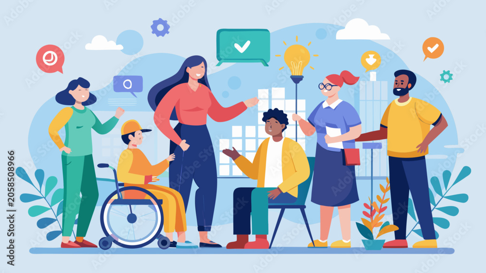 Fototapeta premium Diverse professional team collaborating in inclusive workspace with creative ideas and successful teamwork illustration