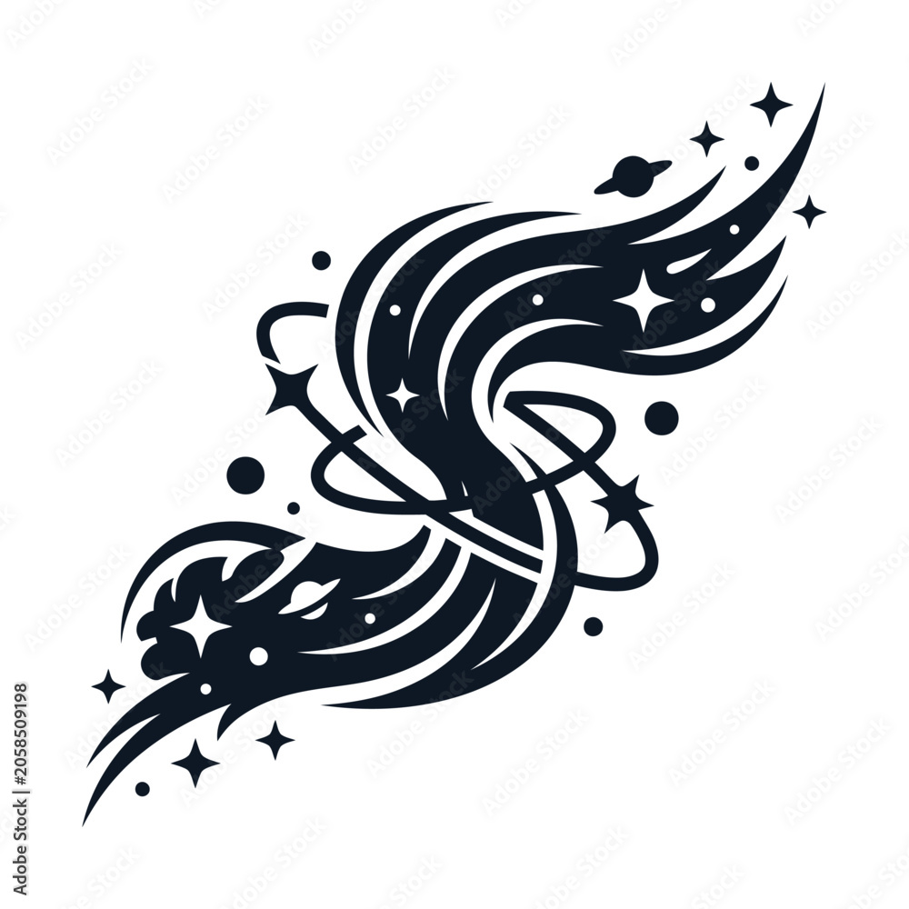 Obraz premium Cosmic Wave Symmetrical Design with Stars and Planets Representing Celestial Motion and Energy