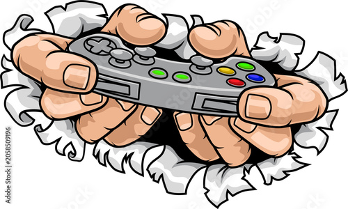Tableau sur toile An illustration of gamer hands holding a video game controller breaking wall or