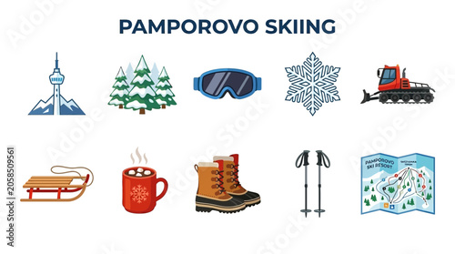 Bild auf Leinwand Pamporovo Skiing Winter Sports Equipment and Resort Icons.