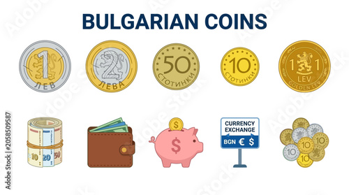 Foto Collection of Bulgarian Currency Coins and Financial Icons.