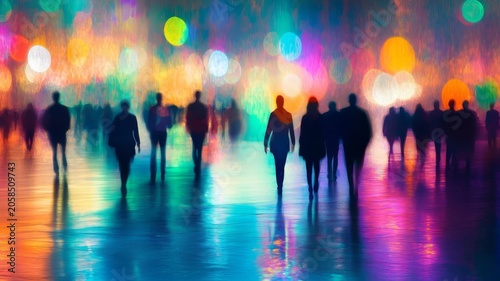 Abstract crowd walking at night with vibrant bokeh lights and colorful blurred reflections on wet urban ground surface texture.
