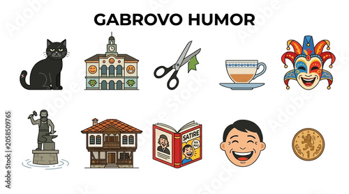 Quadro su tela Collection of Gabrovo Humor Symbols and Icons.