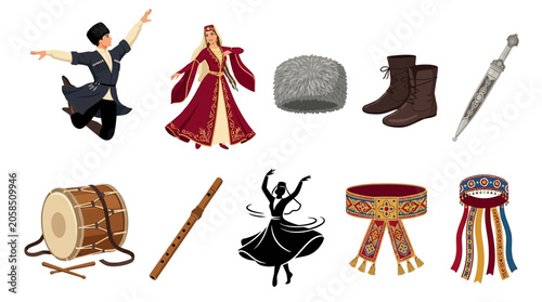 Fotografie Collection of Caucasian Cultural Elements and Symbols.