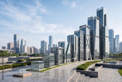 Modern Corporate Architecture Complex Displayed on Marble Plaza with Bar Graph Business Concept