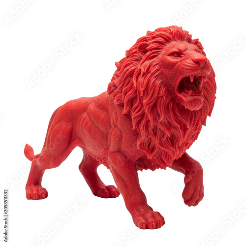 Red Roaring Lion Figurine Isolated on Transparent Background, Detailed 3D Animal Sculpture