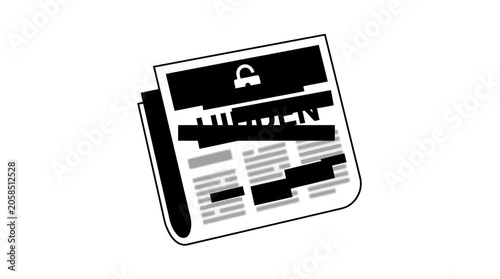 Censored newspaper article with blacked out text and padlock secure classified information icon