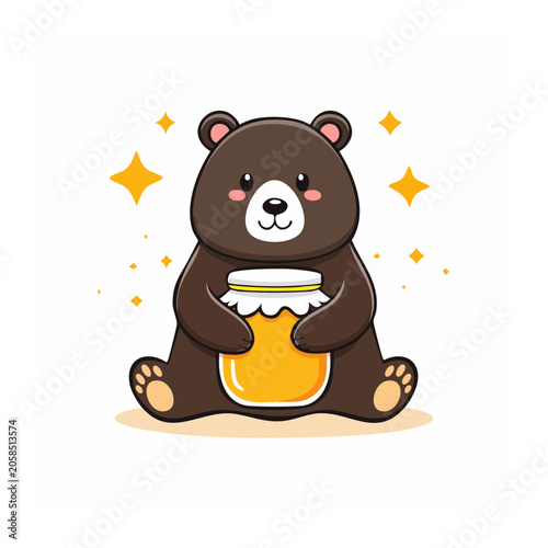 Cute cartoon bear holding a jar of honey