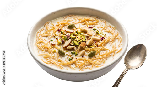 Bild auf Leinwand Bowl of creamy vermicelli dessert with nuts and spoon isolated on transparent ba