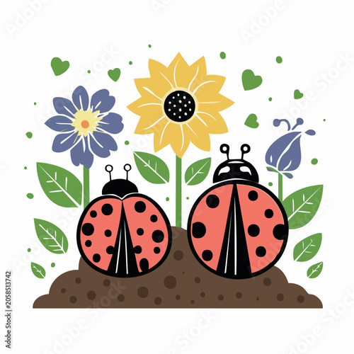 Two Ladybugs and Flowers Illustration