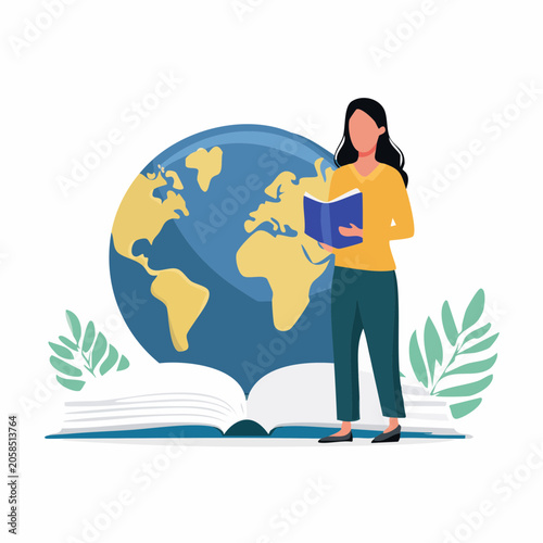 Woman Reading Book Next to Globe and Open Book