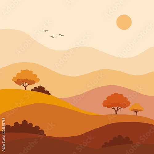 Minimalist Autumn Landscape with Orange Hills and Fall Trees Background
