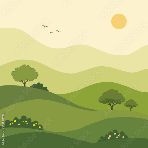 Minimalist Summer Landscape with Green Meadows and Sunshine Background