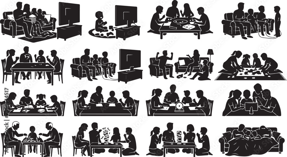 Fototapeta premium Set of icons representing family activities at home, including watching tv, playing games, and reading
