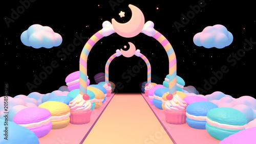 3D render of sweet moon candy corridor with macarons and cupcakes.