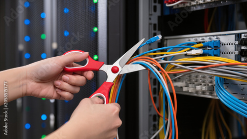 Foto ​Cutting network wires, Severing data connections, IT infrastructure damage, Sci