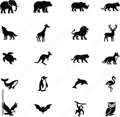 Photography Wild animals and birds black silhouettes vector icons set with elephant bear gi