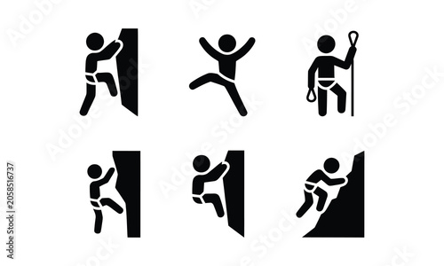 Climbing and rock climbing icons showing techniques and equipment