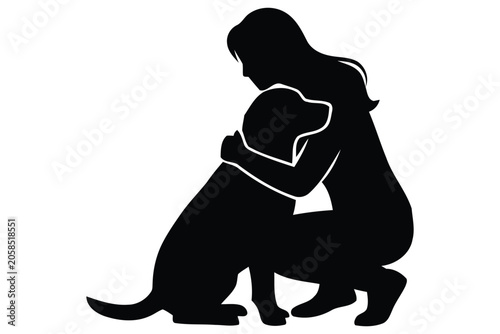 Fotografie Minimalist silhouette of a woman kneeling and hugging her pet dog vector flat il