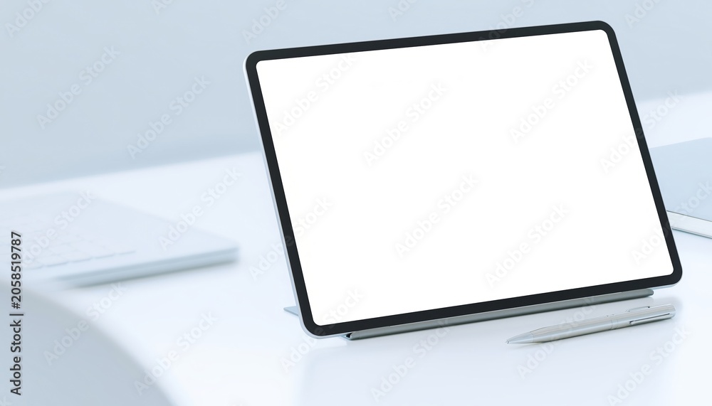 Fototapeta premium Blank tablet mockup on clean desk with stylus