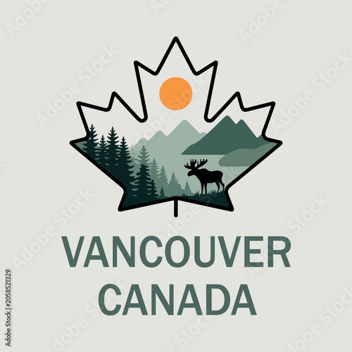 Vancouver Canada graphic with moose and mountains inside maple leaf. Canadian wilderness vector illustration with Vancouver text. Minimalist Canadian nature landscape icon with maple leaf silhouette. 