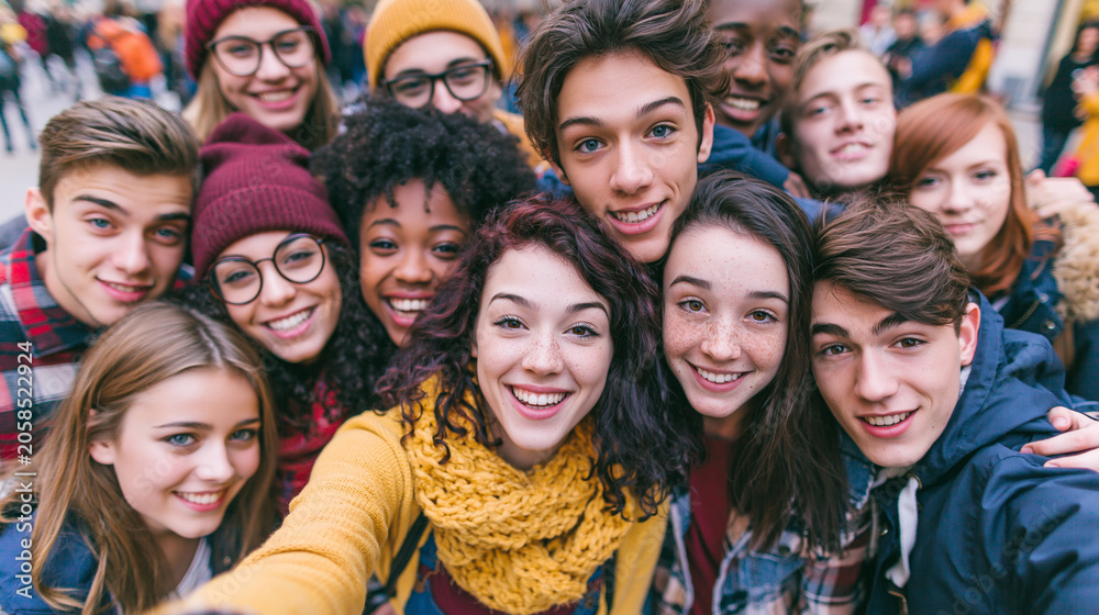Obraz premium Vibrant Youth: Diverse Teenagers Socializing and Smiling in an Urban Group Photo