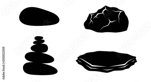 Canvas Print Zen stones and rock formation black silhouettes set.