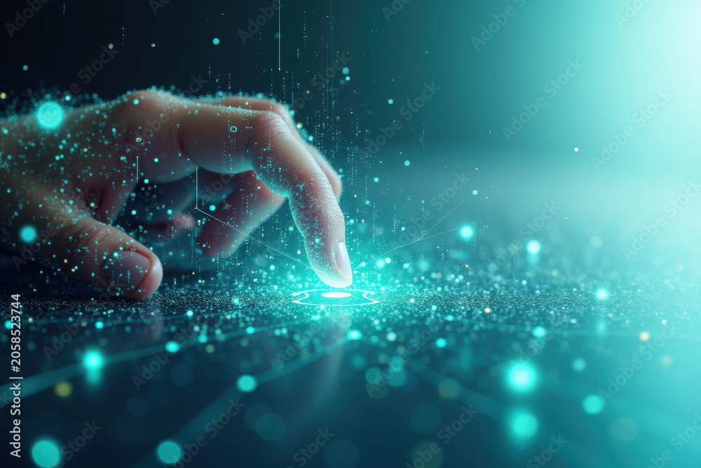 Fototapeta premium Human hand touching futuristic digital interface with glowing particles and light
