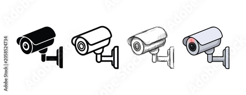 security surveillance cameras including a solid black icon a line art drawing a sketch and a colorful