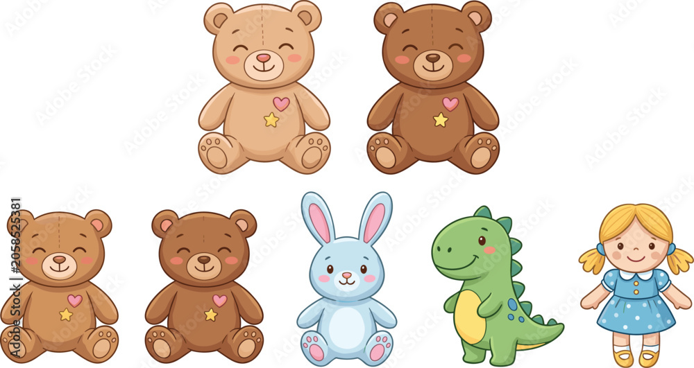 Fototapeta premium Cute Kawaii Baby Toys Vector Set Featuring Plush Teddy Bears Rabbit Dinosaur and Doll Characters for Children Nursery Room Graphic Designs