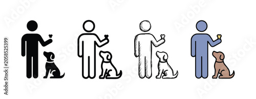 human figure offering a bone shaped treat to a sitting dog depicting training and pet interaction