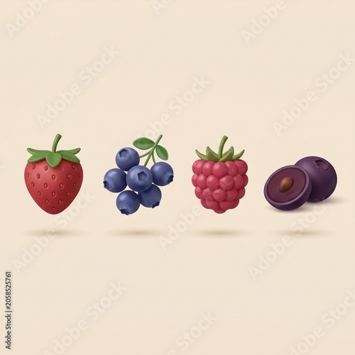 Modern 3D Vector Berry Fruits Icon Pack Strawberry and Blueberry