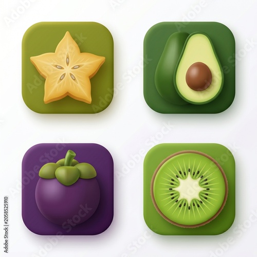Minimalist 3D Vector Exotic Fruits Icon Set Avocado and Kiwi